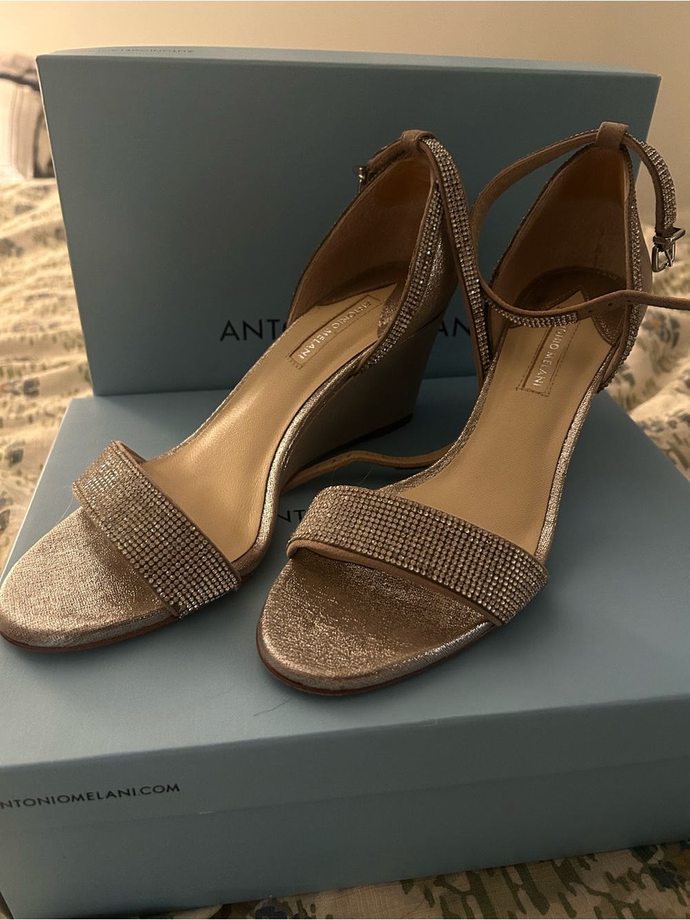 ANTONIO MELANI Feenah Gilded Grey silver Ankle-Strap Wedge Sandals
